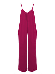 Women's Summer Maroon Cami Jumpsuit with Pockets Solid Color Stretchy Polyester Spandex