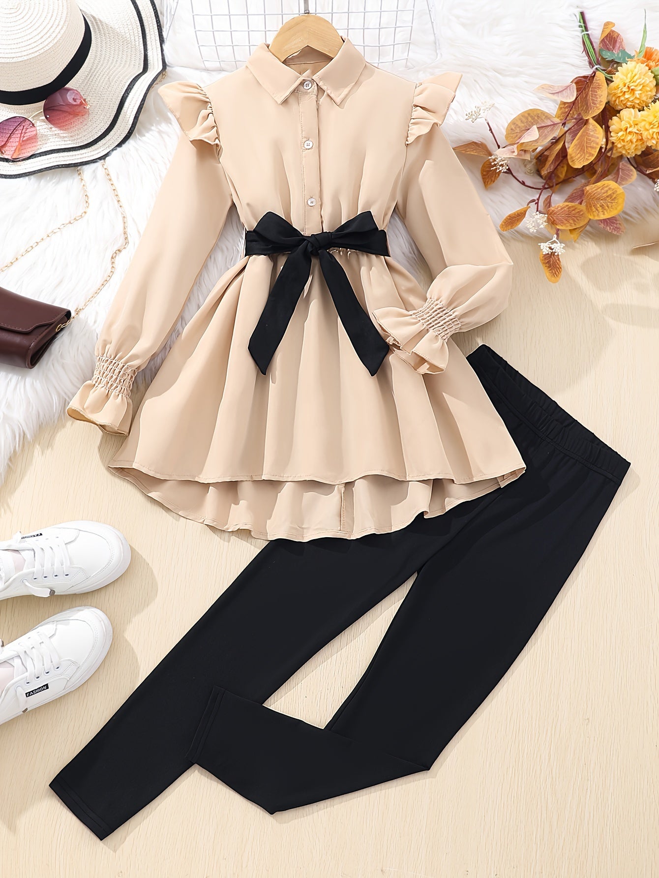 Girls Large Size Fall Winter Two-Piece Set Polyester Solid Color Outdoor Activities