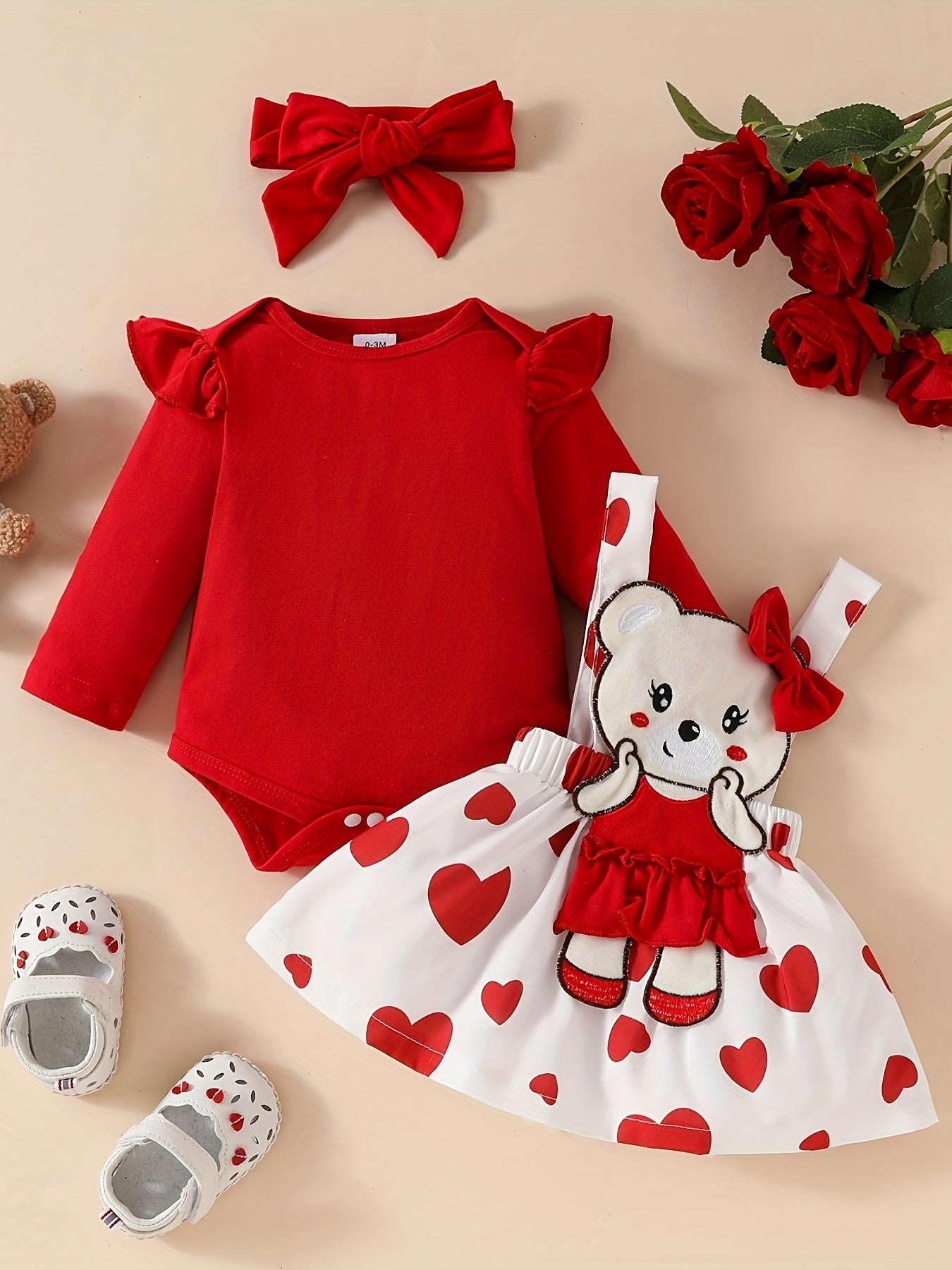 Girls' 0-1 Years Outfit Set Long Sleeve Dress with Bear Doll Design and Umbrella Skirt