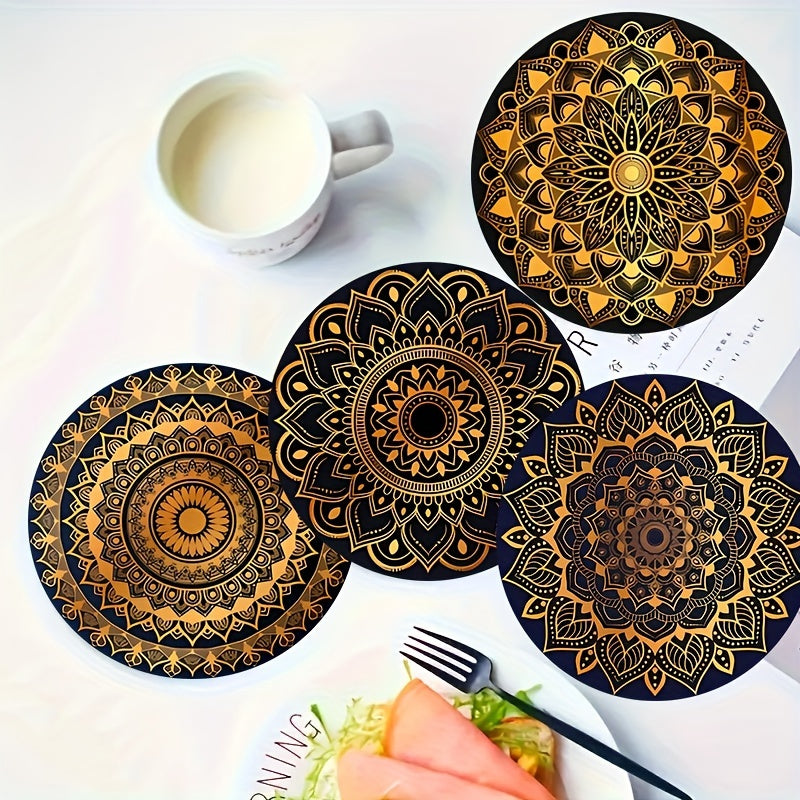 Golden Mandala Coaster Set with Intricate Design for Beverages and Gift Giving