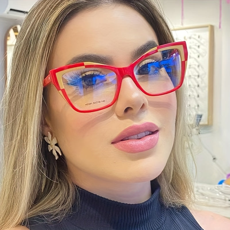 Women's Color Block Cat Eye Glasses Clear Lens Computer Spectacles