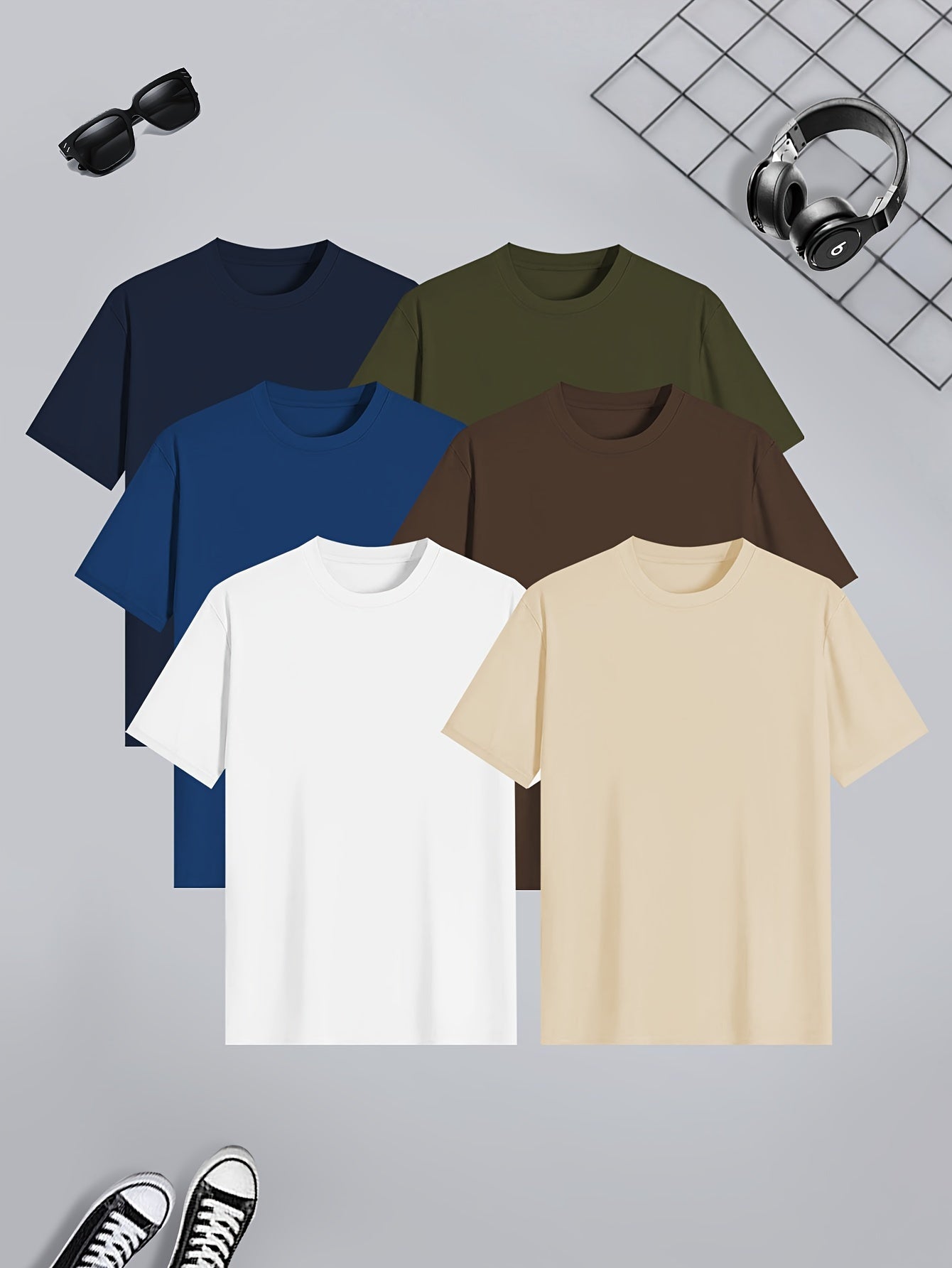 Conjunto de 6 camisetas de manga corta de color sólido para hombre, poliéster, ropa casual