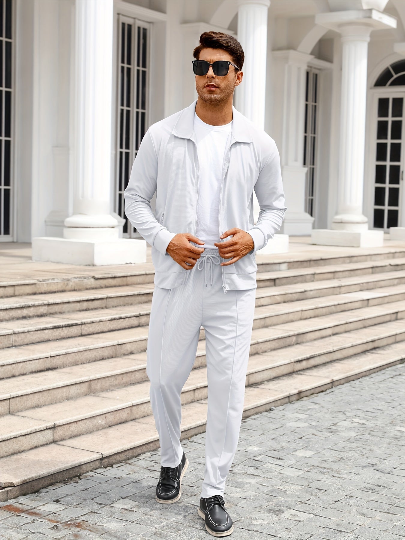Conjunto atlético de poliéster para hombre con chaqueta con cremallera y pantalones para deportes al aire libre