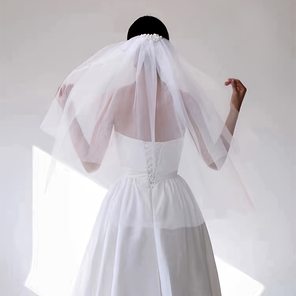 Bridal Double-Layer Veil with Pearl Hair Clip Wedding Accessory for Brides