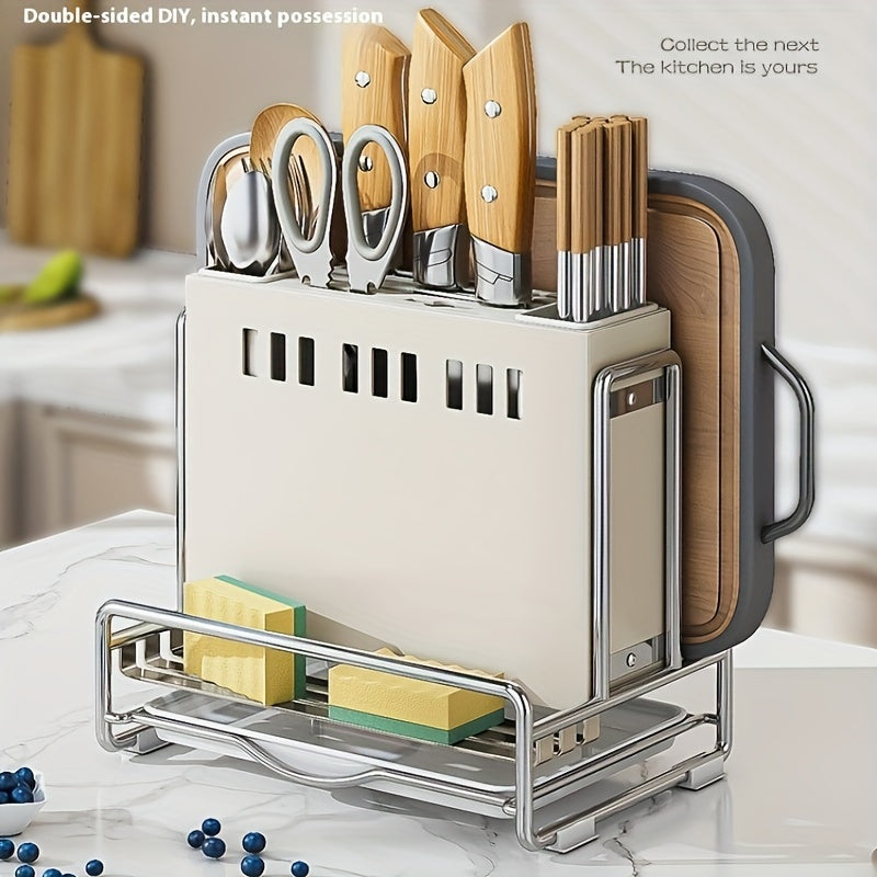 Stainless Steel Kitchen Knife Block with Drain Tray and Utensil Organizer