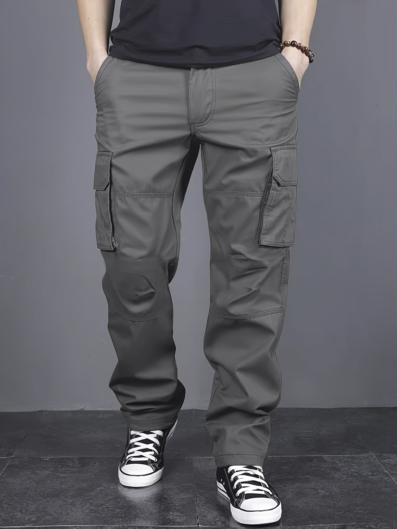 Men Solid Color Cargo Pants with Multiple Flap Pockets and Drawstring Waist for Outdoor Activities