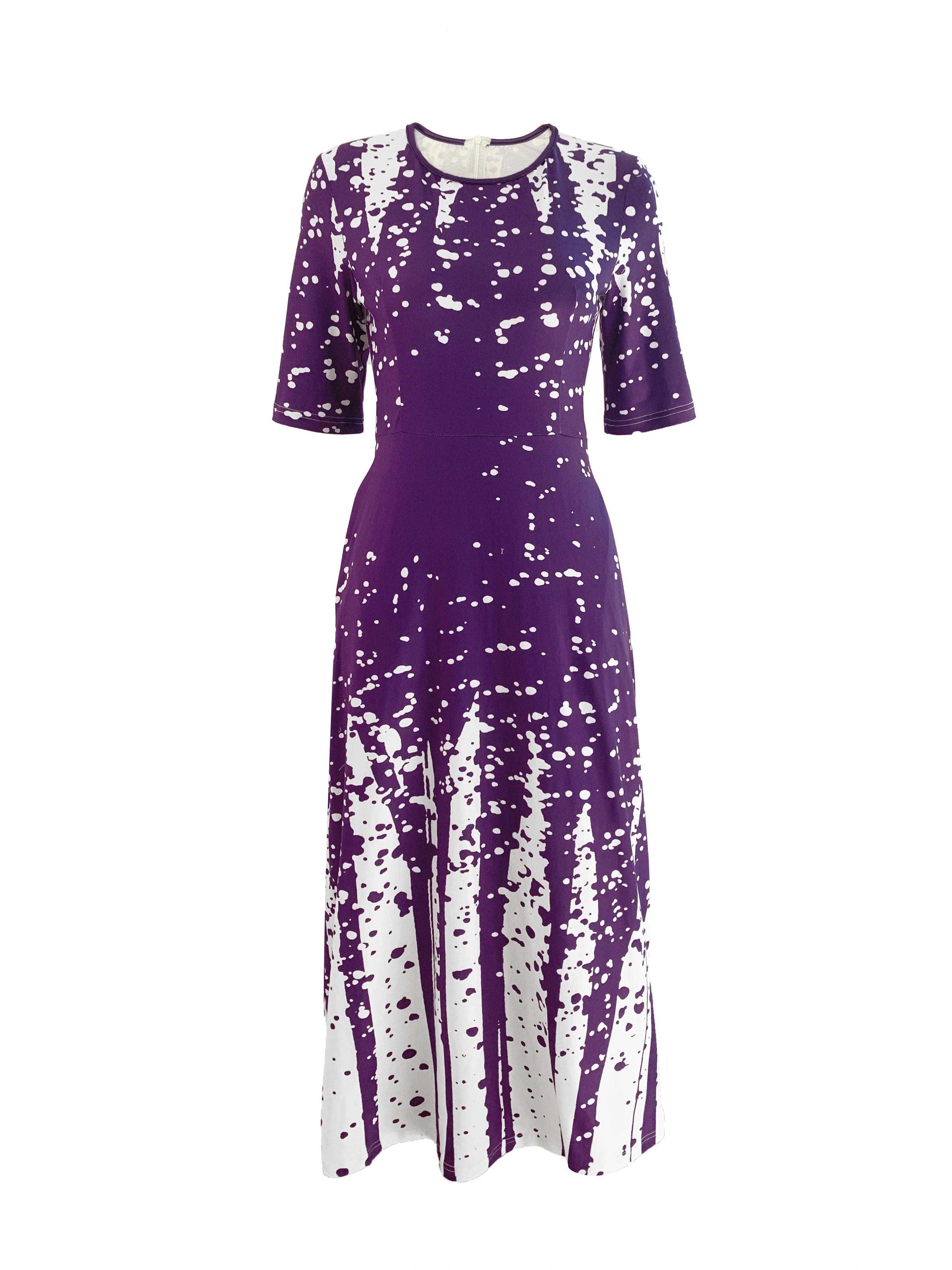 Women's Long Dress with Polka Dot Print Crew Neck Spring Summer Elegant Knit Fabric