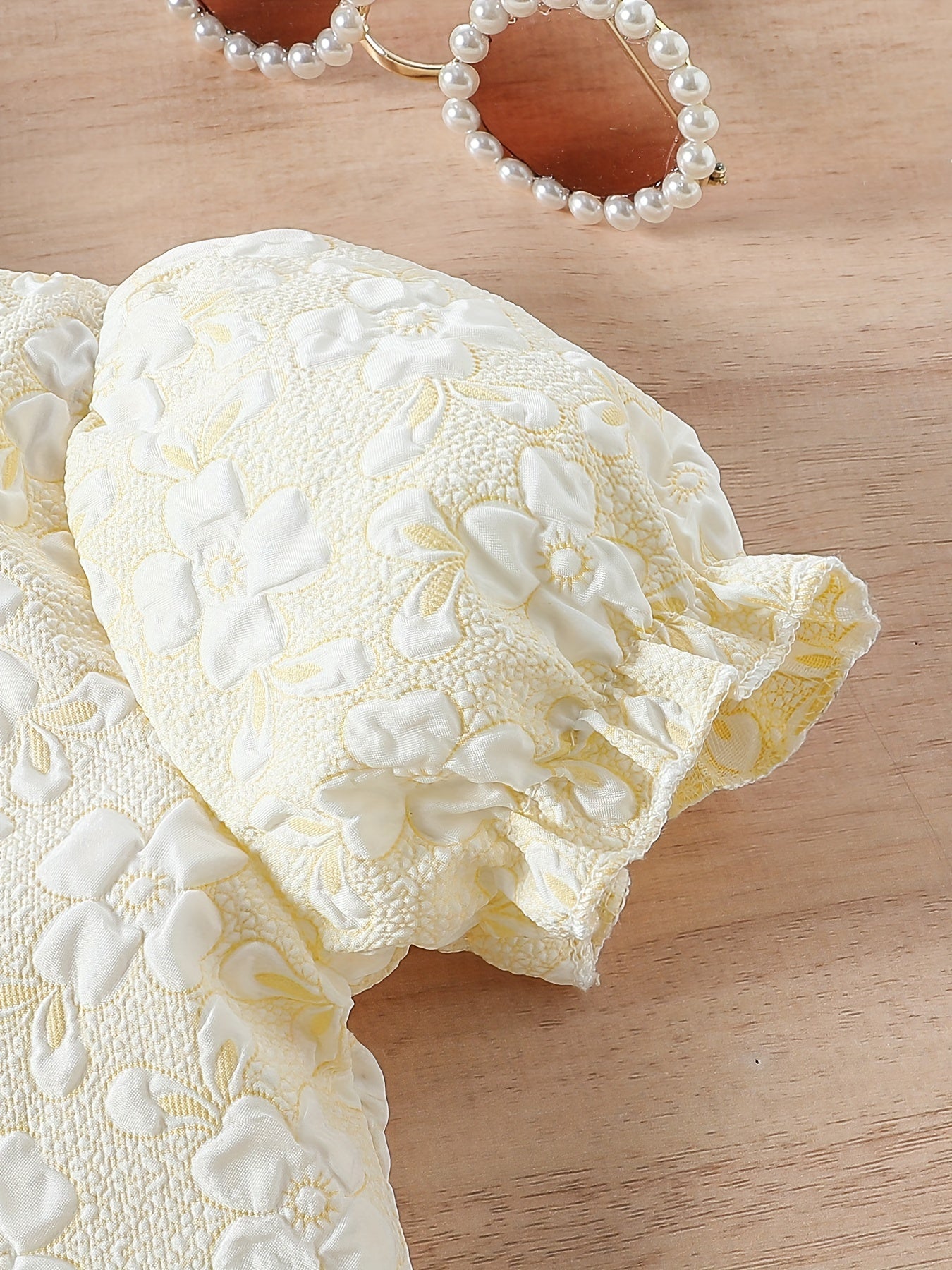 Baby Girls Summer Outfit Floral Jacquard Puff Sleeve Crop Top Shorts Hat Casual 12 Months