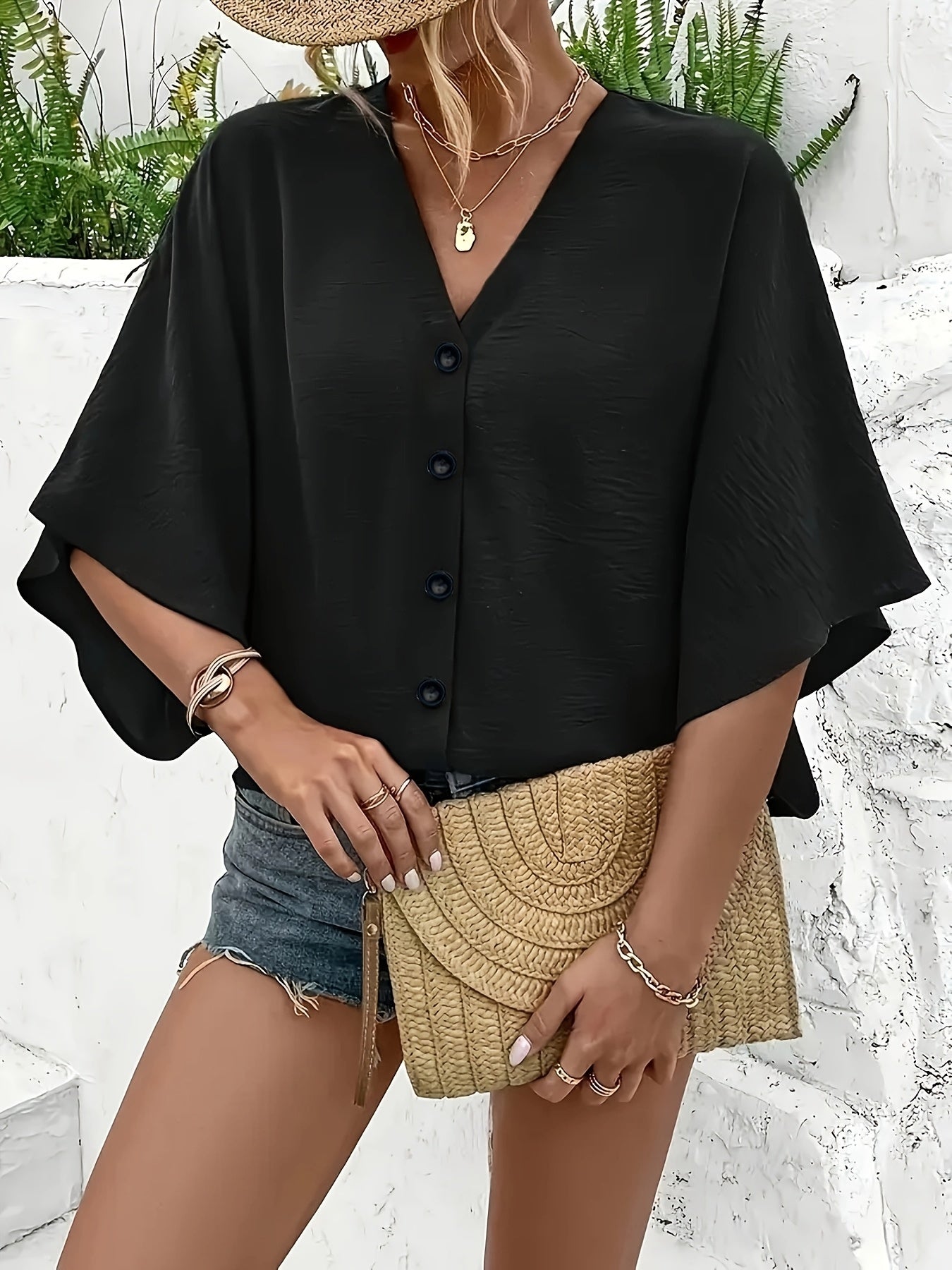 Women Beige V-Neck Blouse Flared Sleeves Casual Shirt Spring Summer