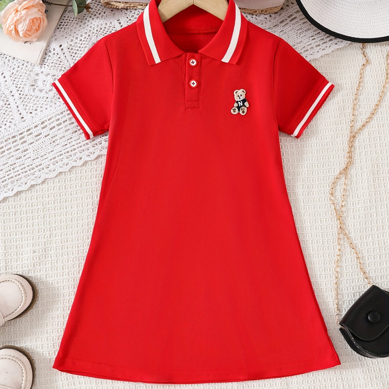 Vestido para niñas con cuello de volante en contraste con oso, manga corta, tela de punto, casual, para volver a clases