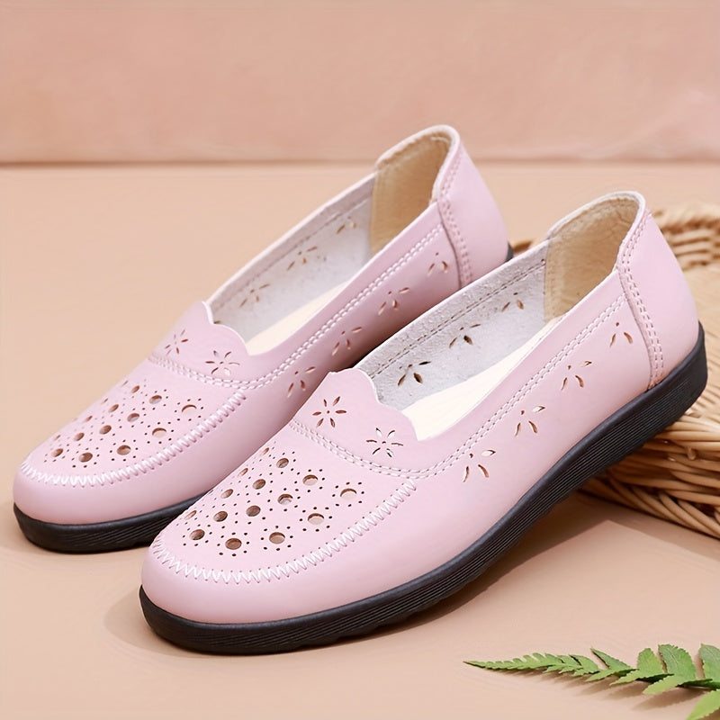 Women's Summer Slip-On Flat Sandals with Floral Cutouts Non-Slip PU