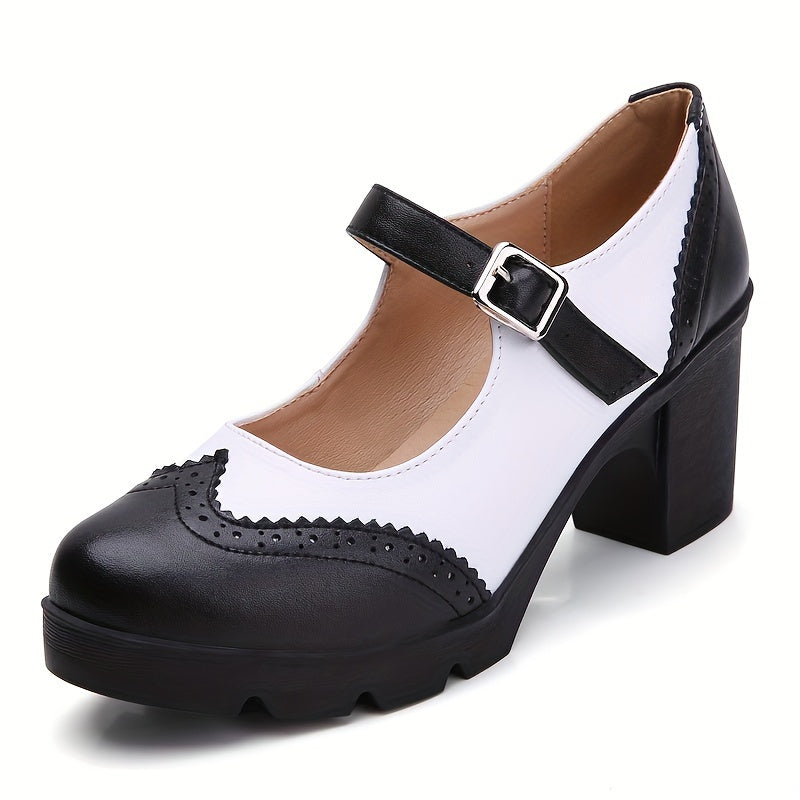 Women's Chunky Heel Brogue Pumps All-Match Classic Buckle Strap Office Shoes