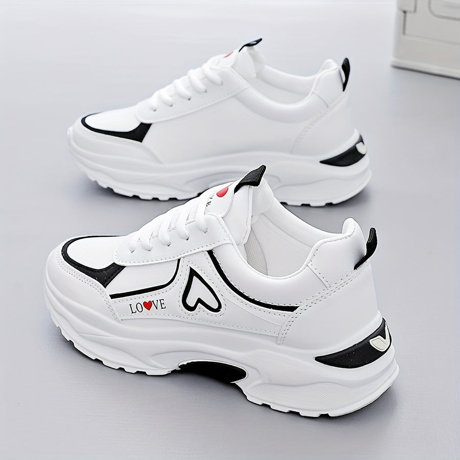 Women's White Sneakers with Black Accents Casual Running Shoes Thick Sole