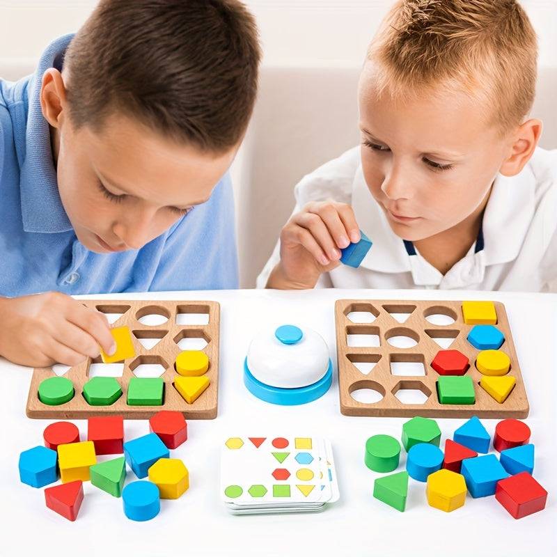 Wooden Dual-Player Battle Game for Kids with Geometric Shape Matching and Building Blocks