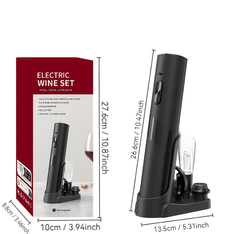 Electric wine opener set with rechargeable corkscrew, charging base, foil cutter, pourer, and stopper for parties and events