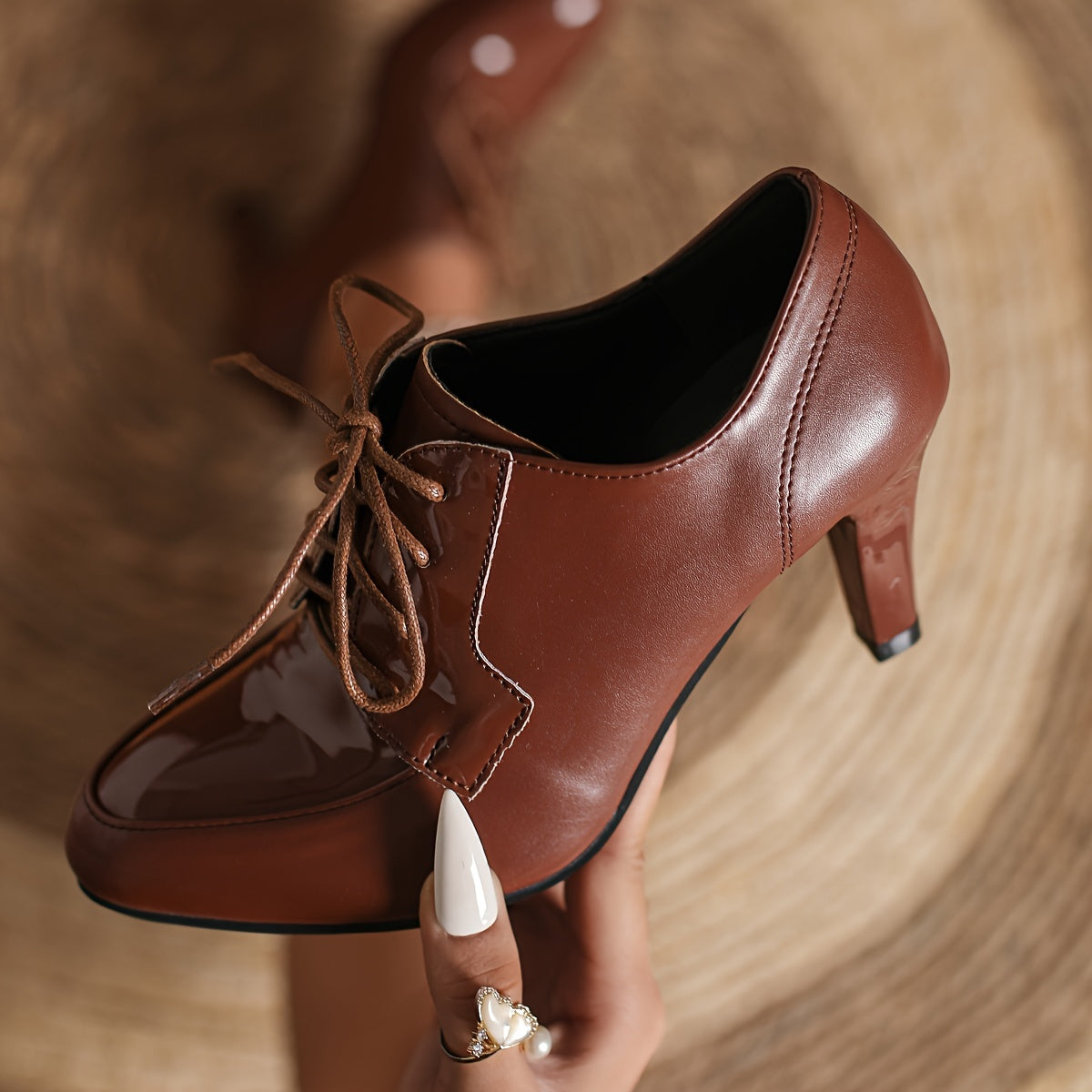 Women's Faux Leather Ankle Boots with Pointed Toe Lace-Up Heels