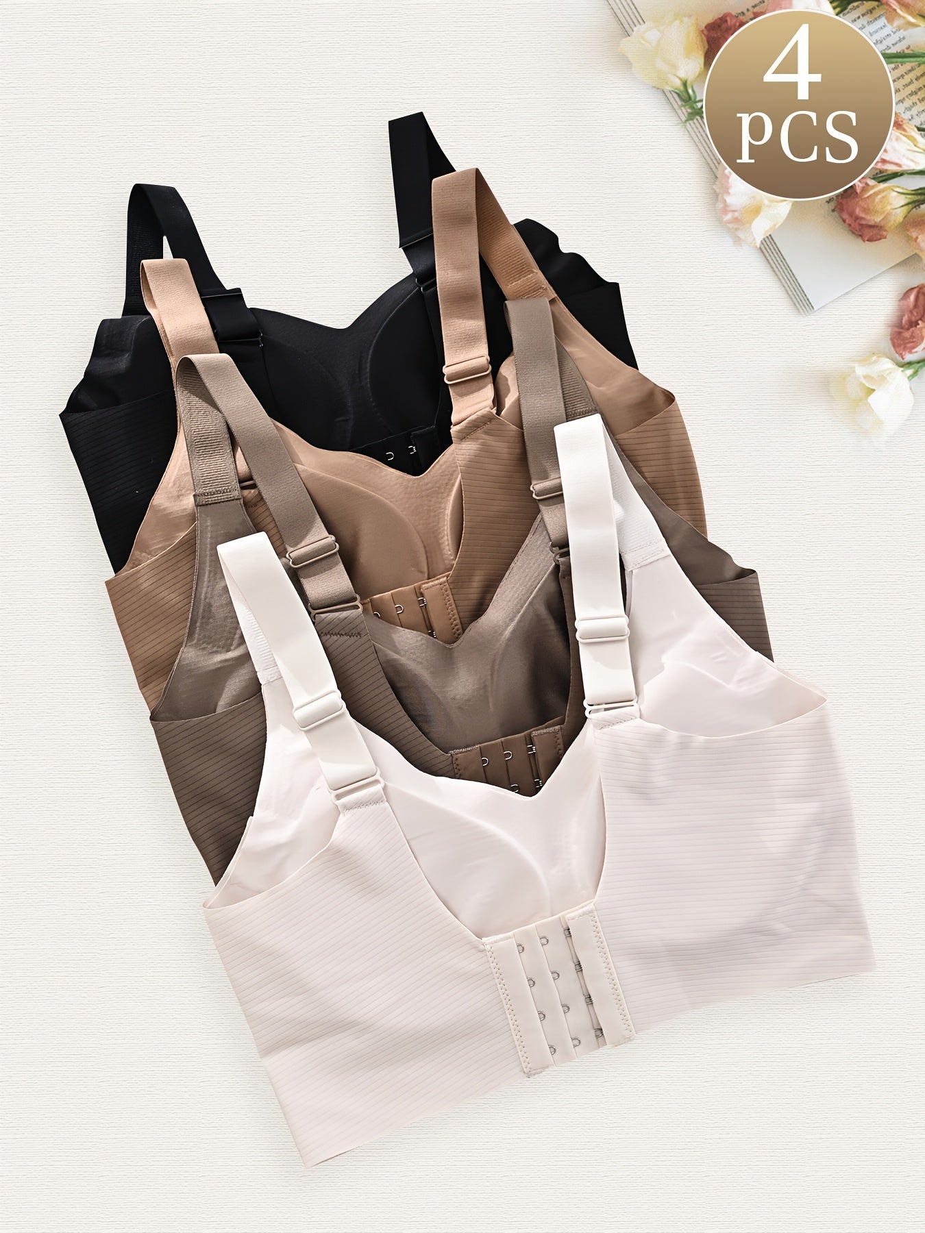 Women's Wire-Free Bras 4-Pack Seamless Soft Support Comfortable Black Beige White