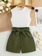 Летний комплект для девочек: безрукавка из трикотажа и шорты с ремнём для активного отдыха