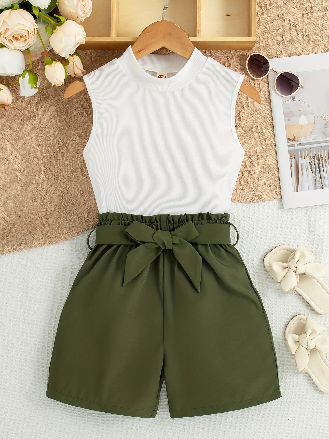 Летний комплект для девочек: безрукавка из трикотажа и шорты с ремнём для активного отдыха