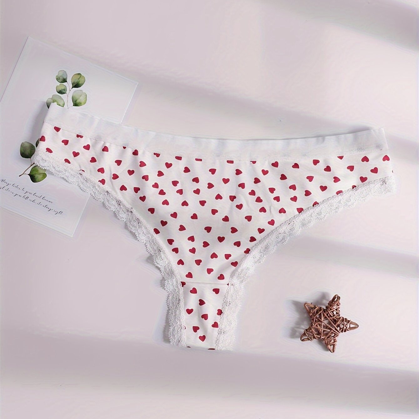 Women's Heart Print Lace Thongs Low Waist Sexy Underwear