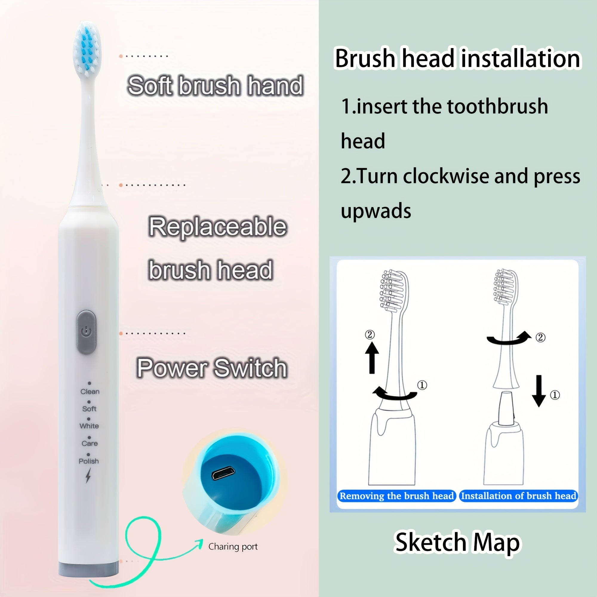 Rechargeable Electric Toothbrush with 7 Brush Heads, Soft Bristles for Home Use
