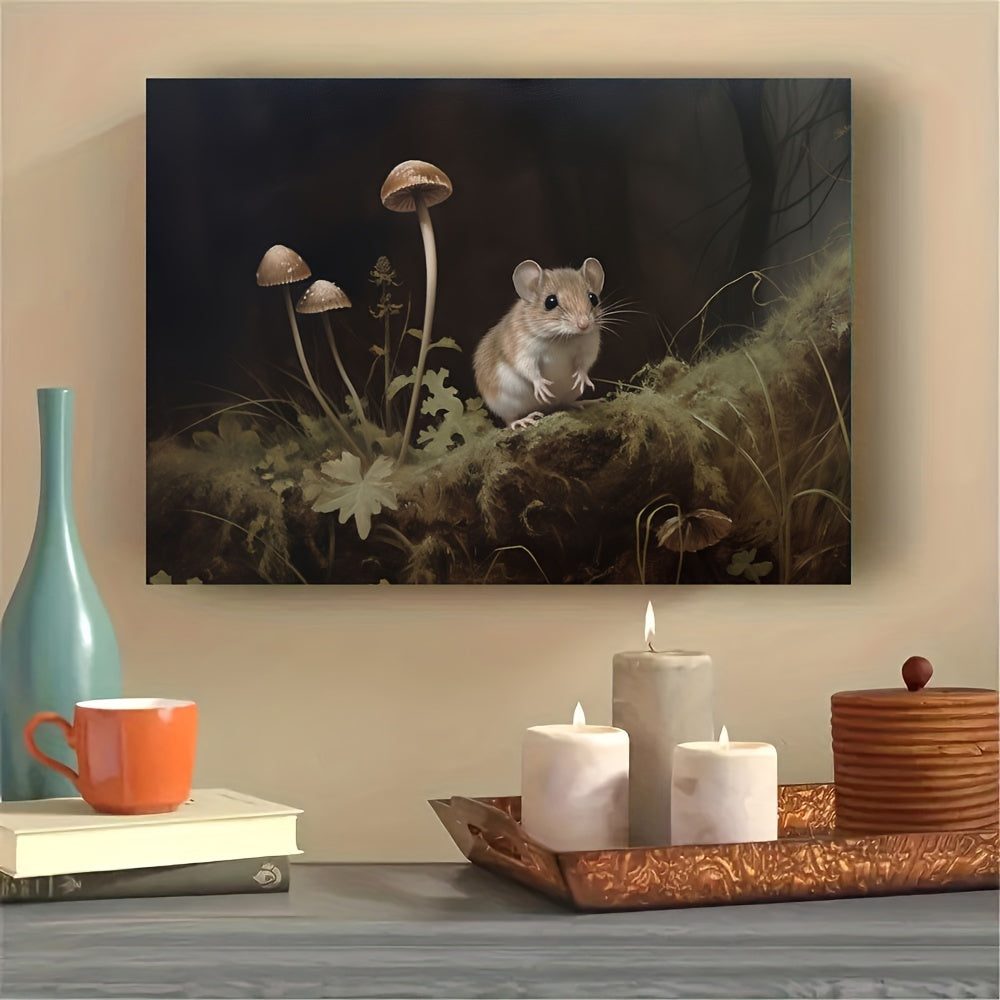 Canvas Wall Art Featuring Mouse and Mushrooms Forest Oil Painting Print 30x40 cm