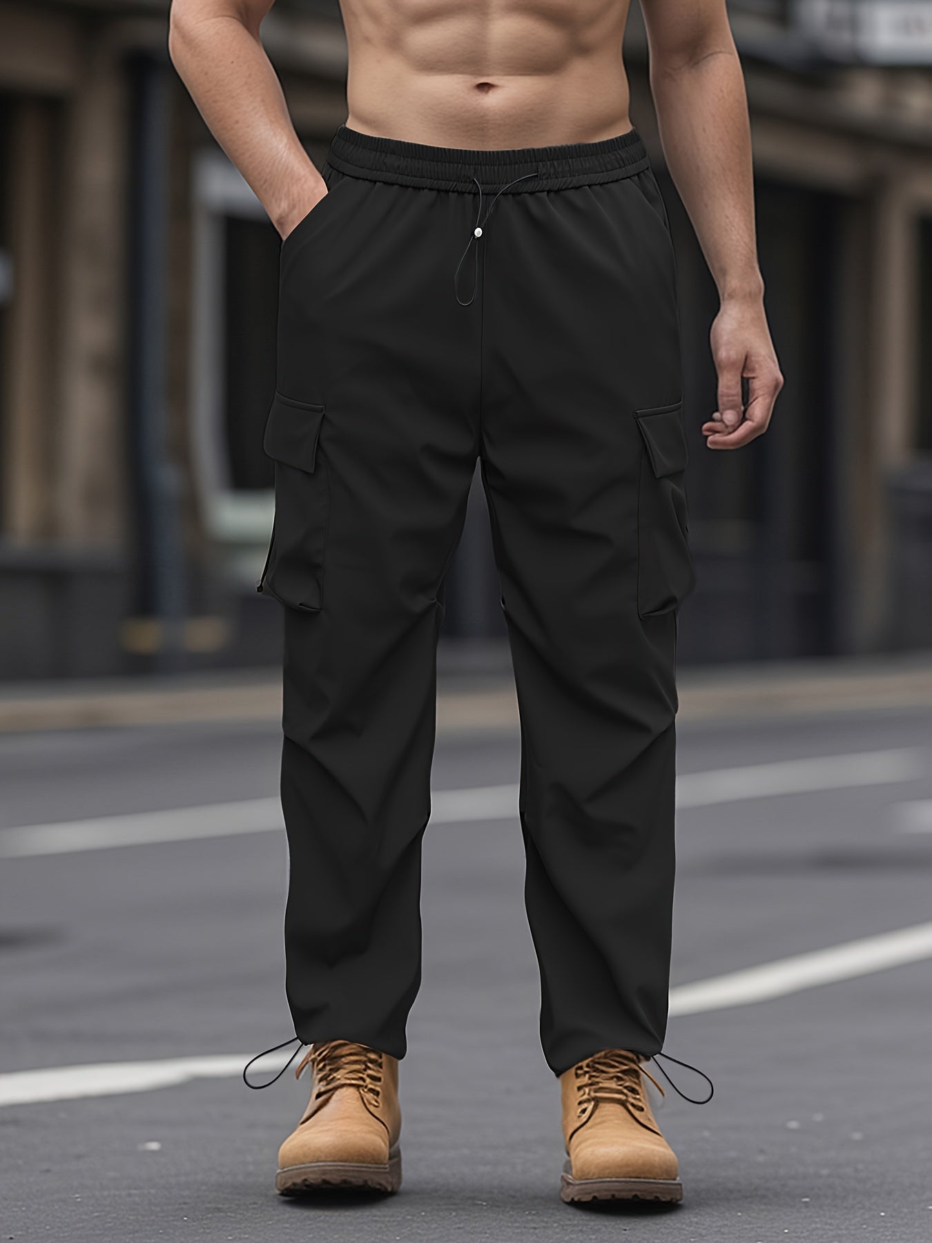 Unisex Cargo Pants with Flap Pockets Drawstring Waist Solid Color Polyester All-Season