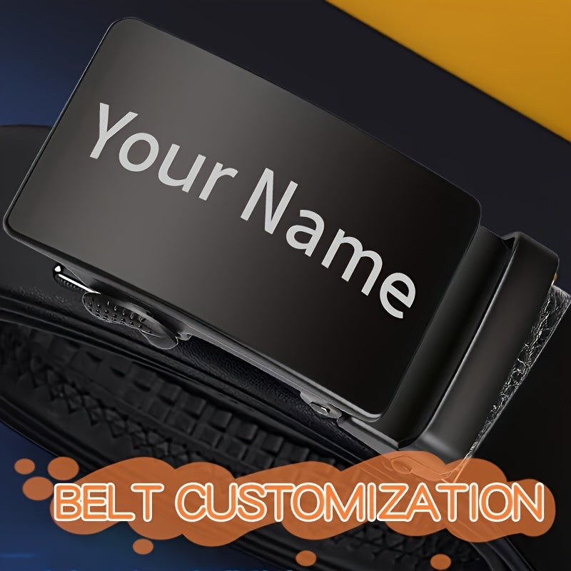 Men's Black Faux Leather Belt with Custom Engraving Automatic Buckle for Casual or Work Wear