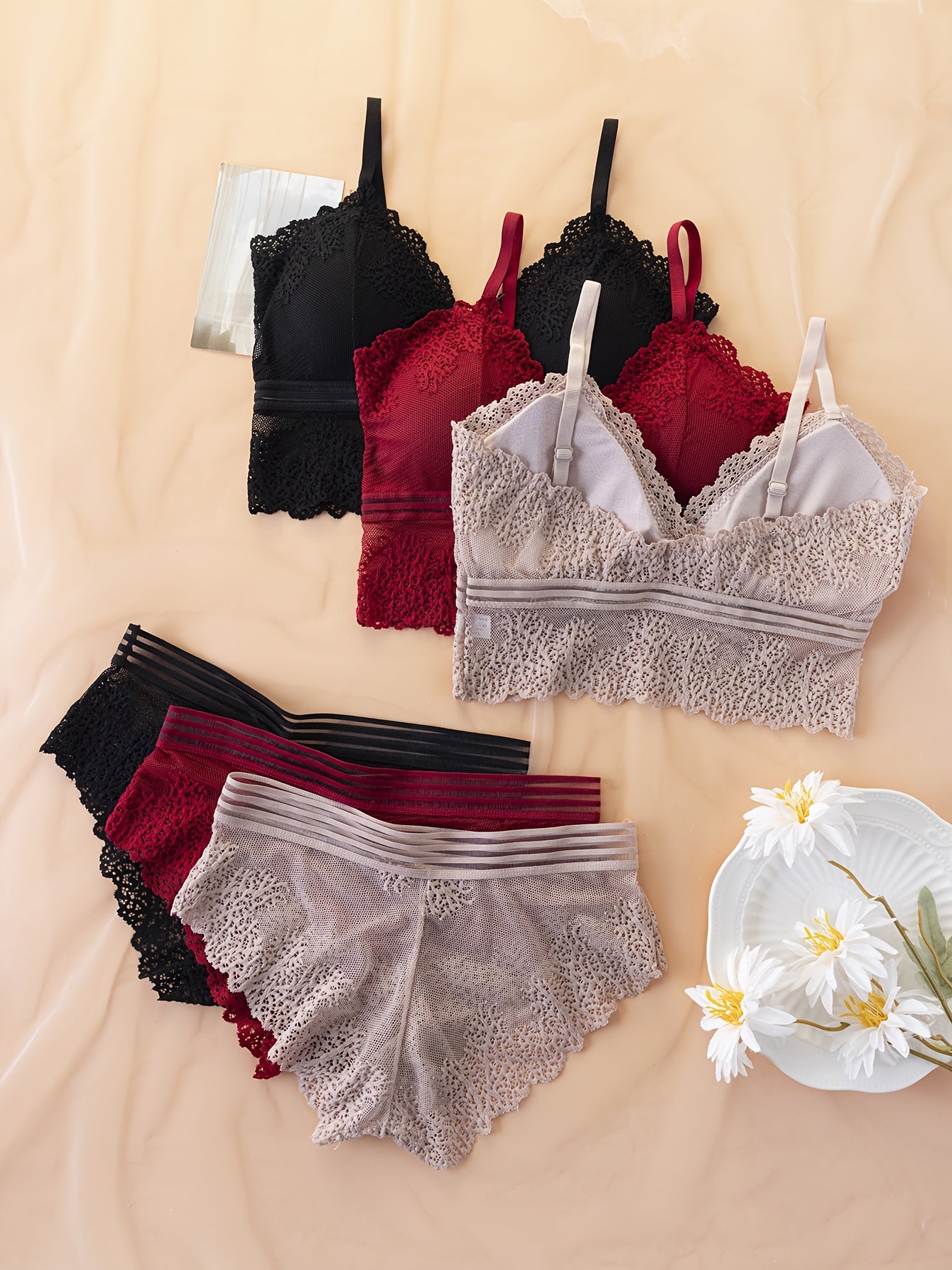 Women's Lingerie Set with Contrast Lace Push-Up Bras and Mesh Panties