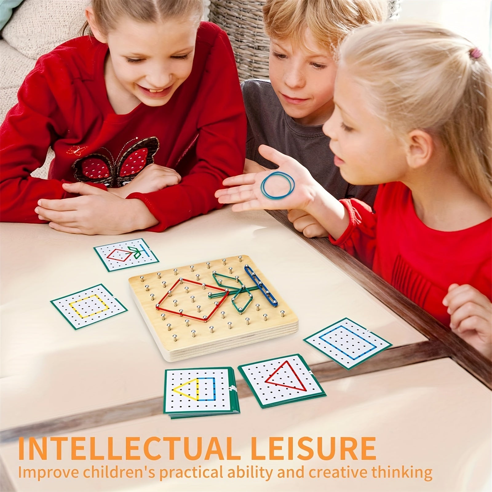 Educational Wooden Geometric Board Set for Kids Ages 3-6 with Pattern Cards and Rubber Bands