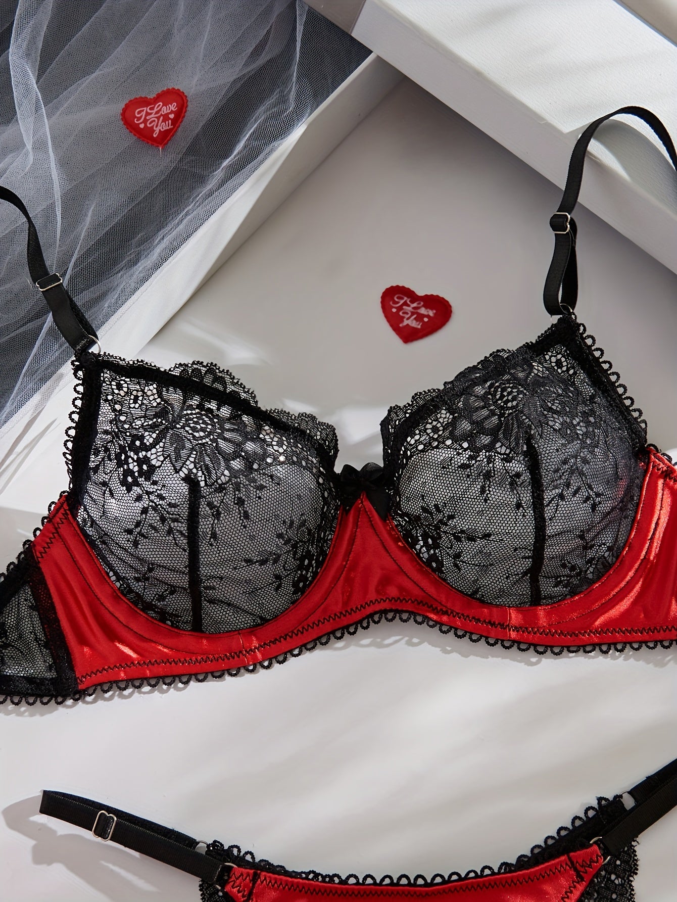 Women's Lace Satin Underwear Set No Bra High Cut Lace Trim Medium Support