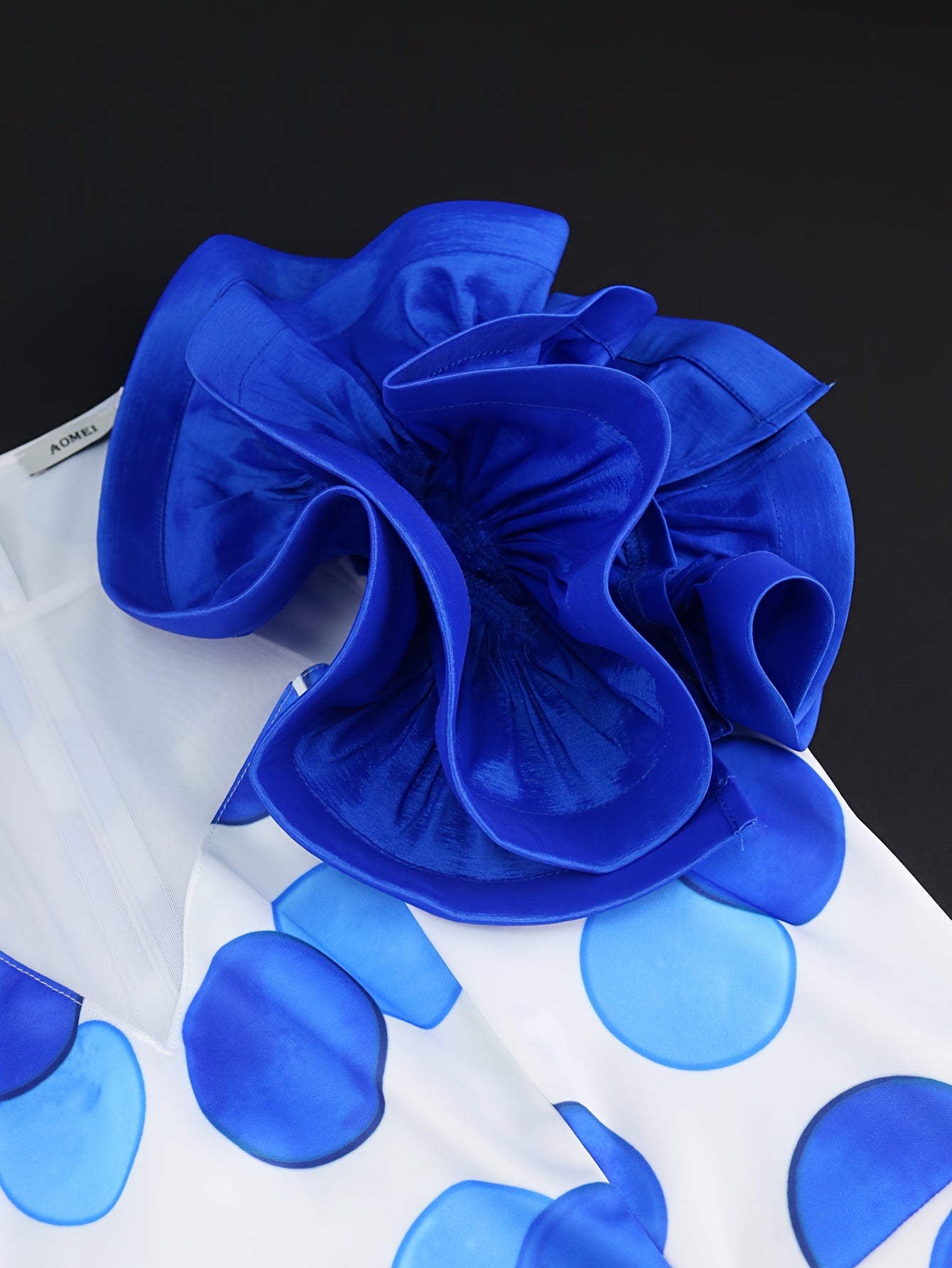 Women's Blue Polka Dot Midi Bodycon Dress with Ruffle Sleeves