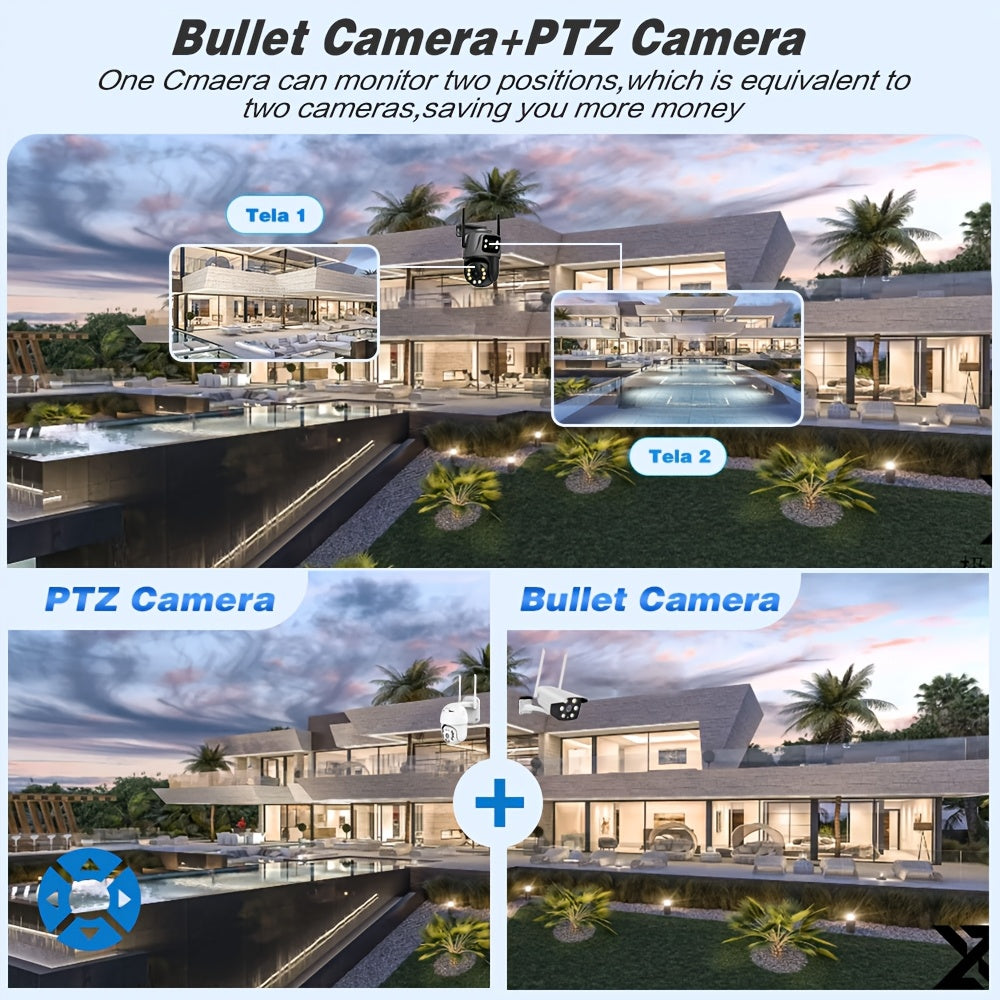 ANSCHIAT Tashqi Xavfsizlik Kamerasi 2 ta juft 4MP linzalari, WiFi ulanishi, harakatni aniqlash, 360° aylanish, ikki tomonlama aloqa, to'liq rangli tungi ko'rish va saqlash mosligi bilan. Yevropa Ittifoqi