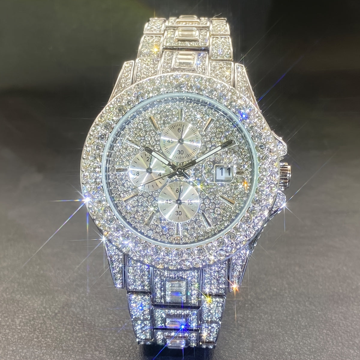 Men's Gold Diamond Decorated Quartz Watch with Rhinestone Dial and Hip-Hop Style