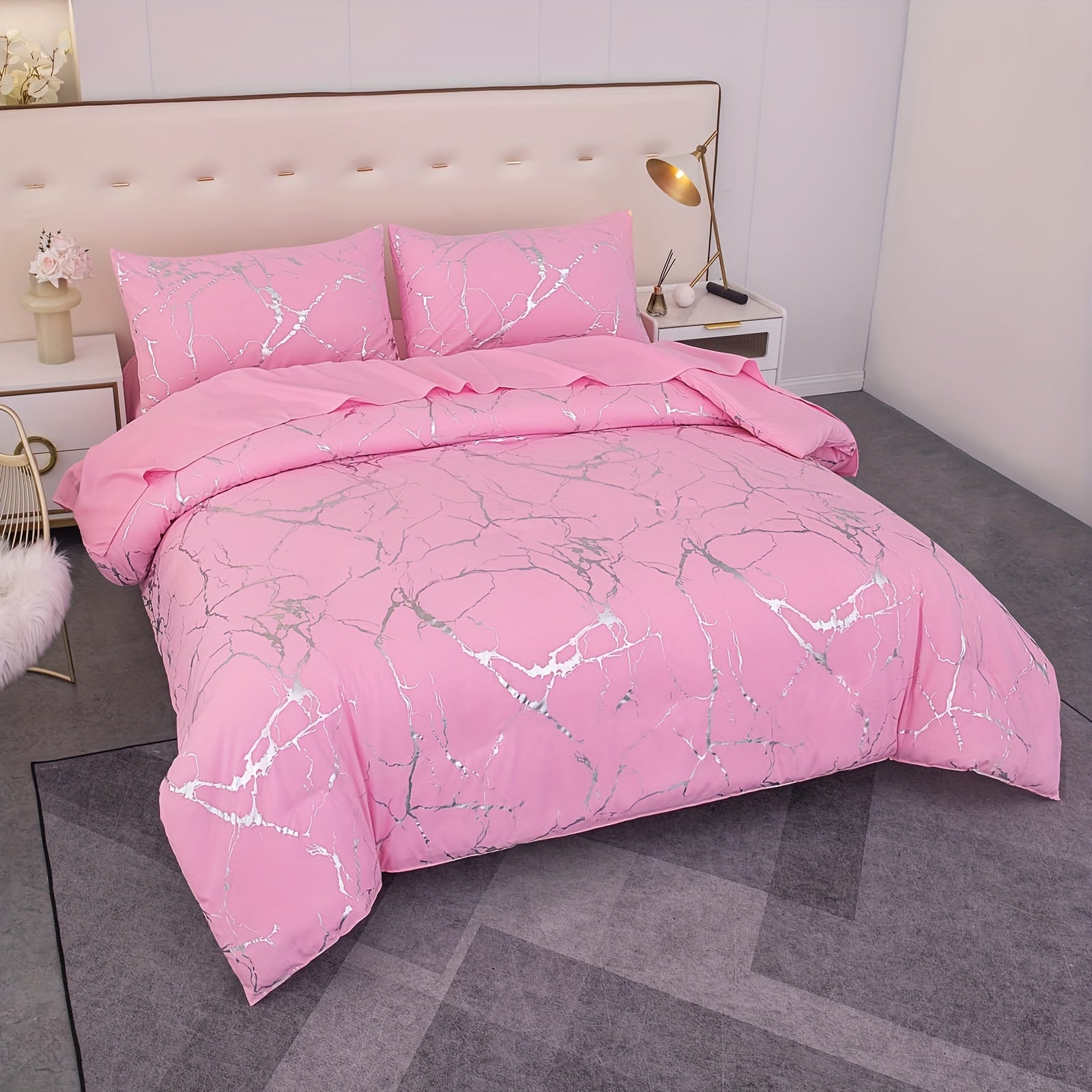 Elegant Marble Pattern Bedding Set in Pink Gray Green Blue Purple Washable Ultra-fine Fiber Duvet Cover 2-3 Piece