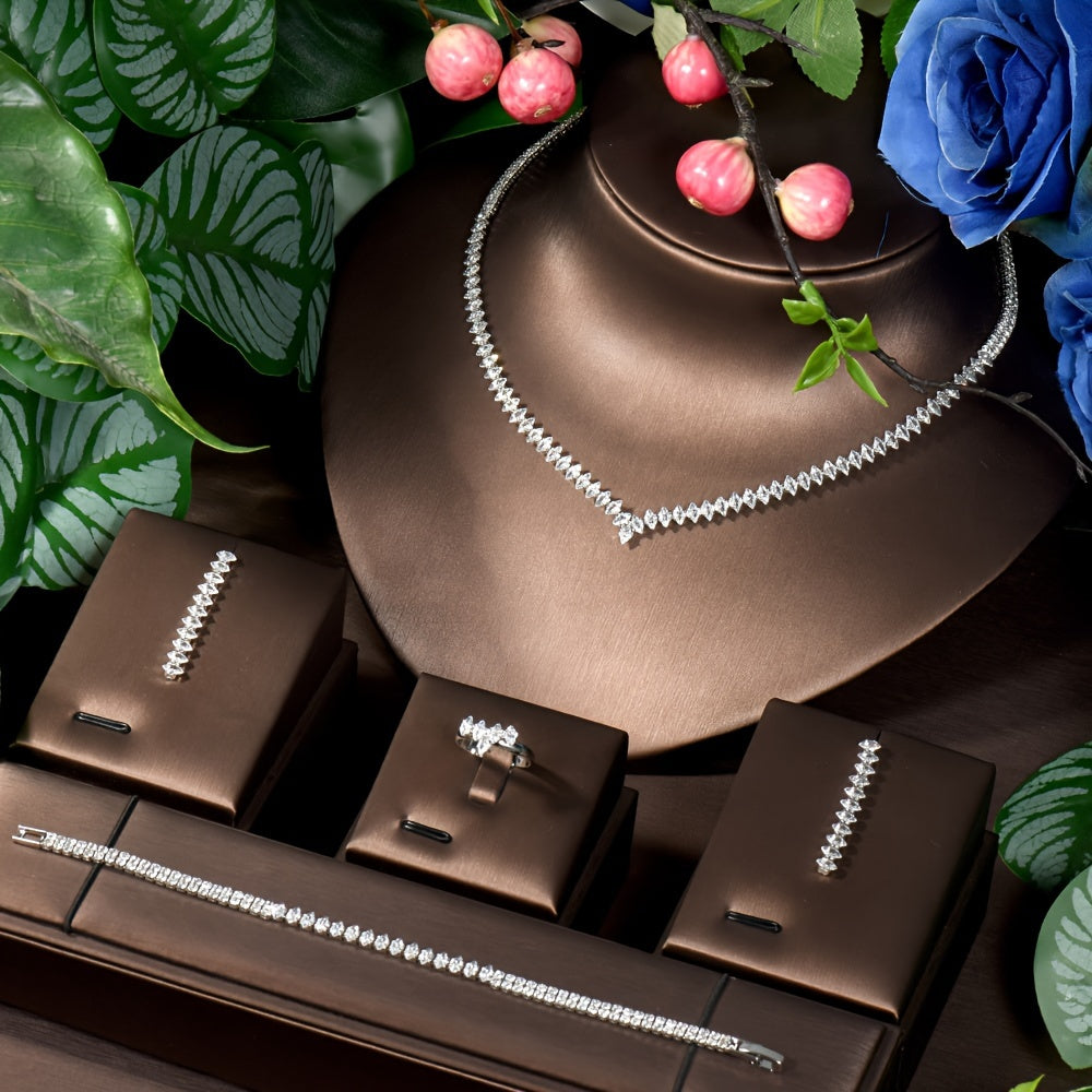 Four-Piece Jewelry Set Copper Platinum Plated Synthetic Zirconia Wedding Banquet Elegant