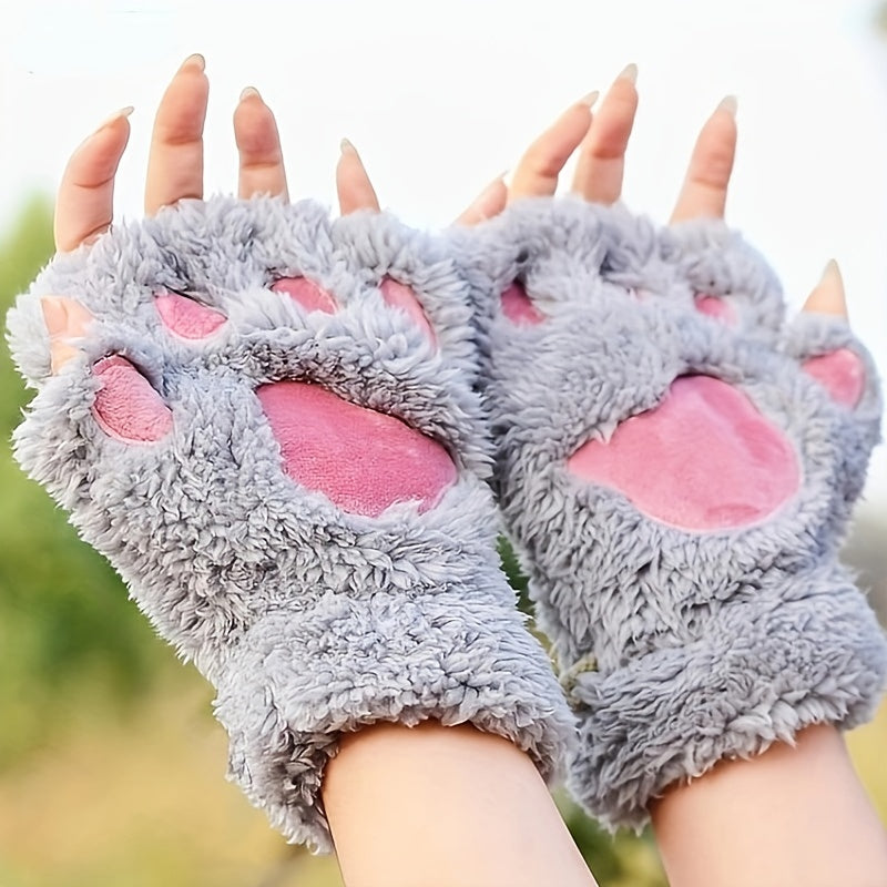 Cute Cat Claw Plush Gloves for Women Warm Fuzzy Half Finger Autumn Winter