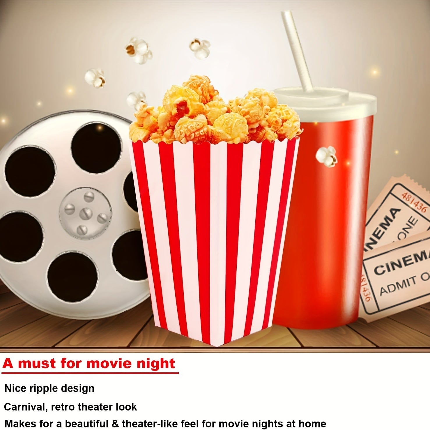 100 Disposable Red and White Popcorn Boxes 2.27oz for Movie Theater Carnival
