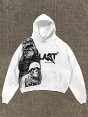 Hooded Sweatshirt with Kangaroo Pocket Portrait Print Long Sleeve Polyester Knit Casual Sportswear