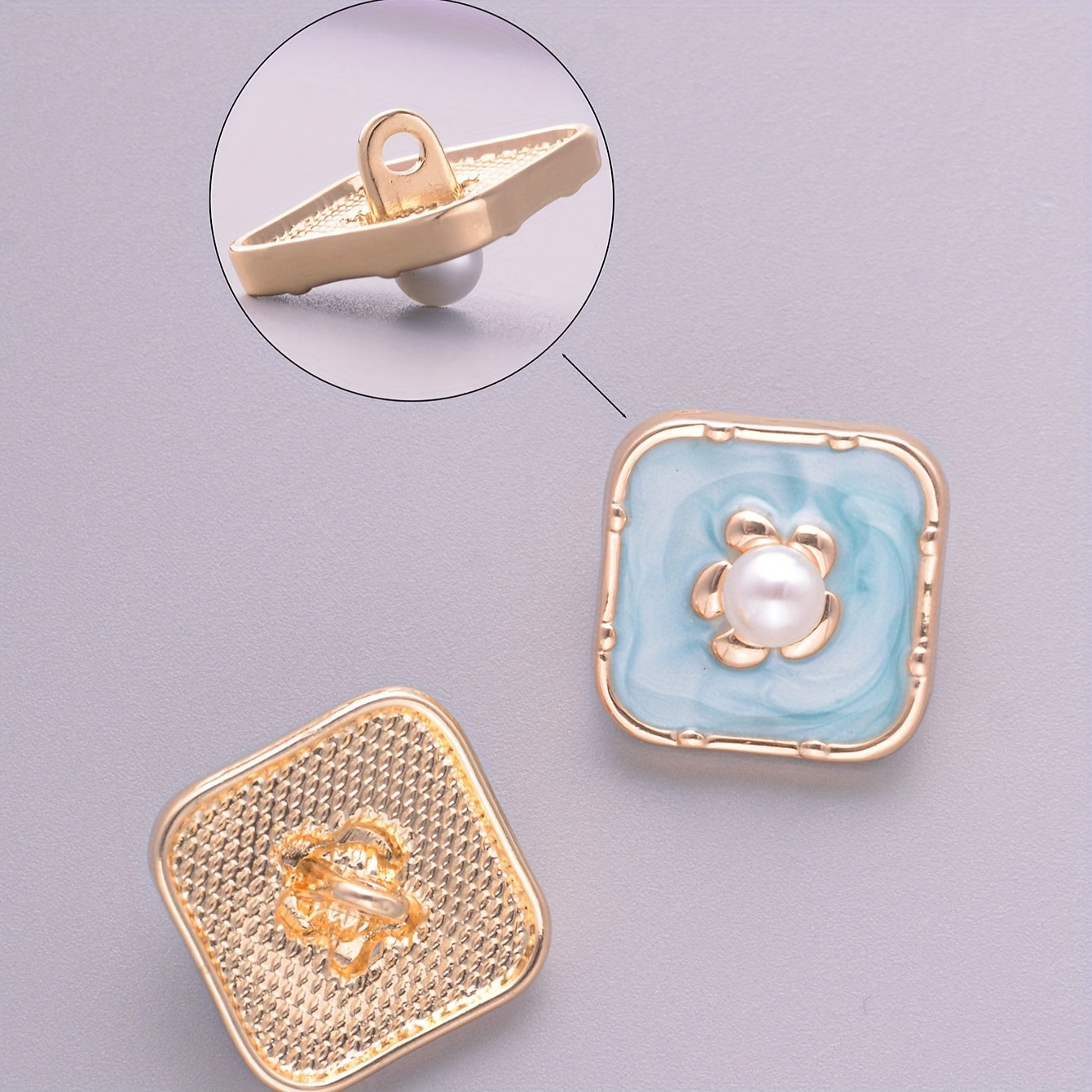 Set of 10 Square Alloy Buttons with Pearls and Flowers for Sewing Crafts and Clothing Accessories