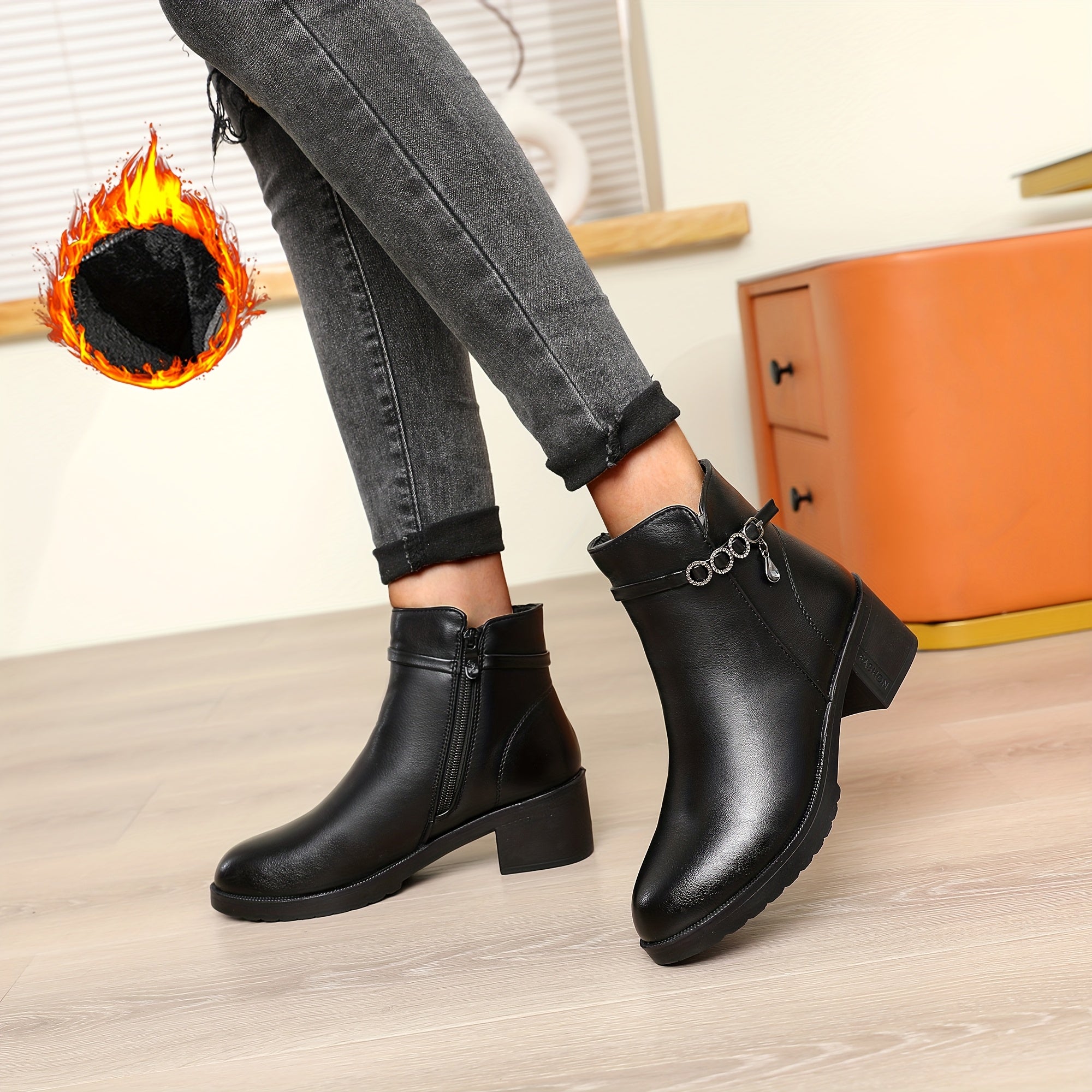 Women's Fleece-Lined Ankle Boots with Chunky Heels Non-Slip Side Zipper