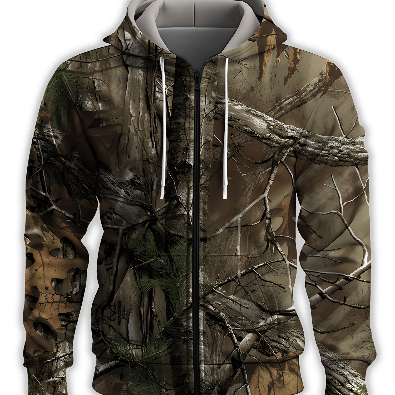 Men's Camo Hooded Jacket with Tree Branch Print Breathable Polyester Zipper Pockets Outdoor Casual Plus Size