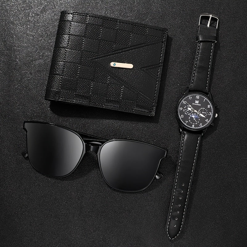 Men's Accessories Set 3-Piece Watch Wallet Glasses Business Sports Quartz Analog Leather