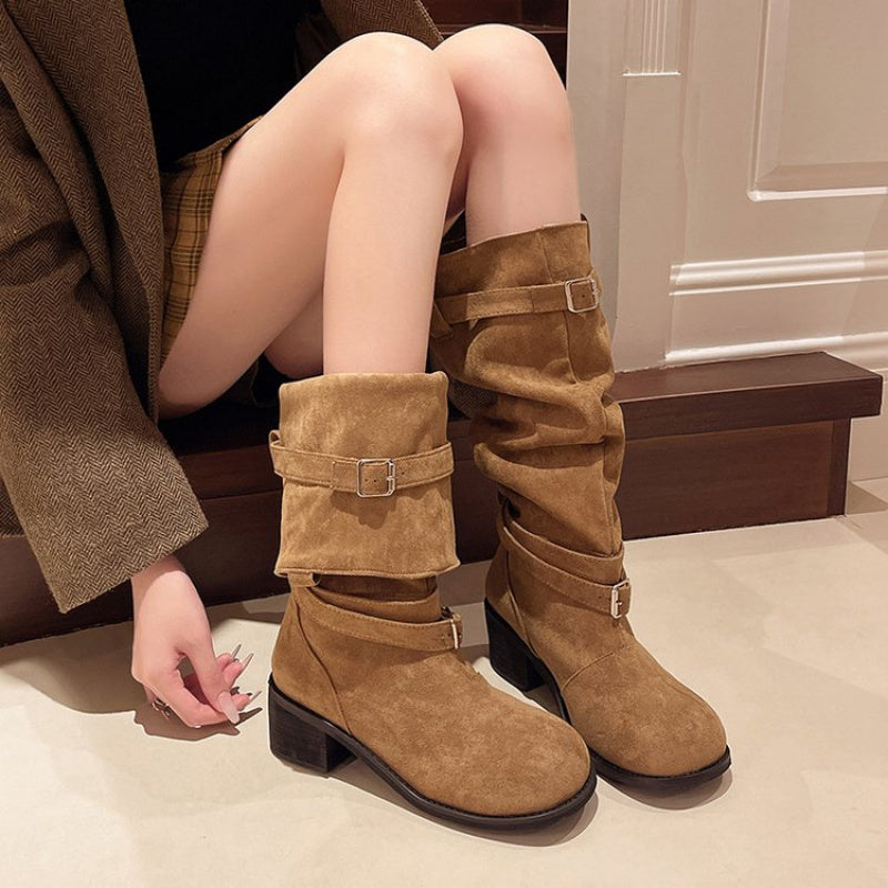 Women's Black Over-the-Knee Riding Boots with Chunky Heel and Buckle Strap