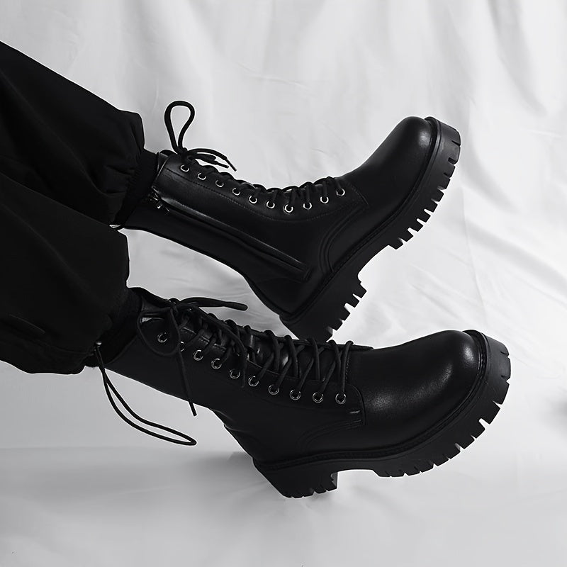 Botas altas de cuero para hombre con cremallera y cordones, casual, para todas las estaciones, suela de goma