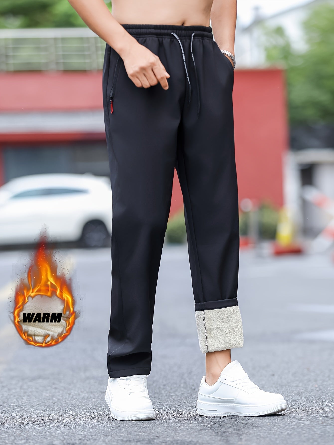 Men's Winter Fleece-Lined Casual Pants Solid Polyester Regular Fit Zipper Details