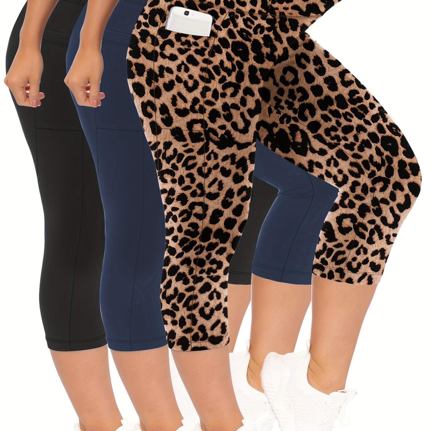 Women's Plus Size High-Waisted Yoga Pants with Pockets Solid Color 3-Pack