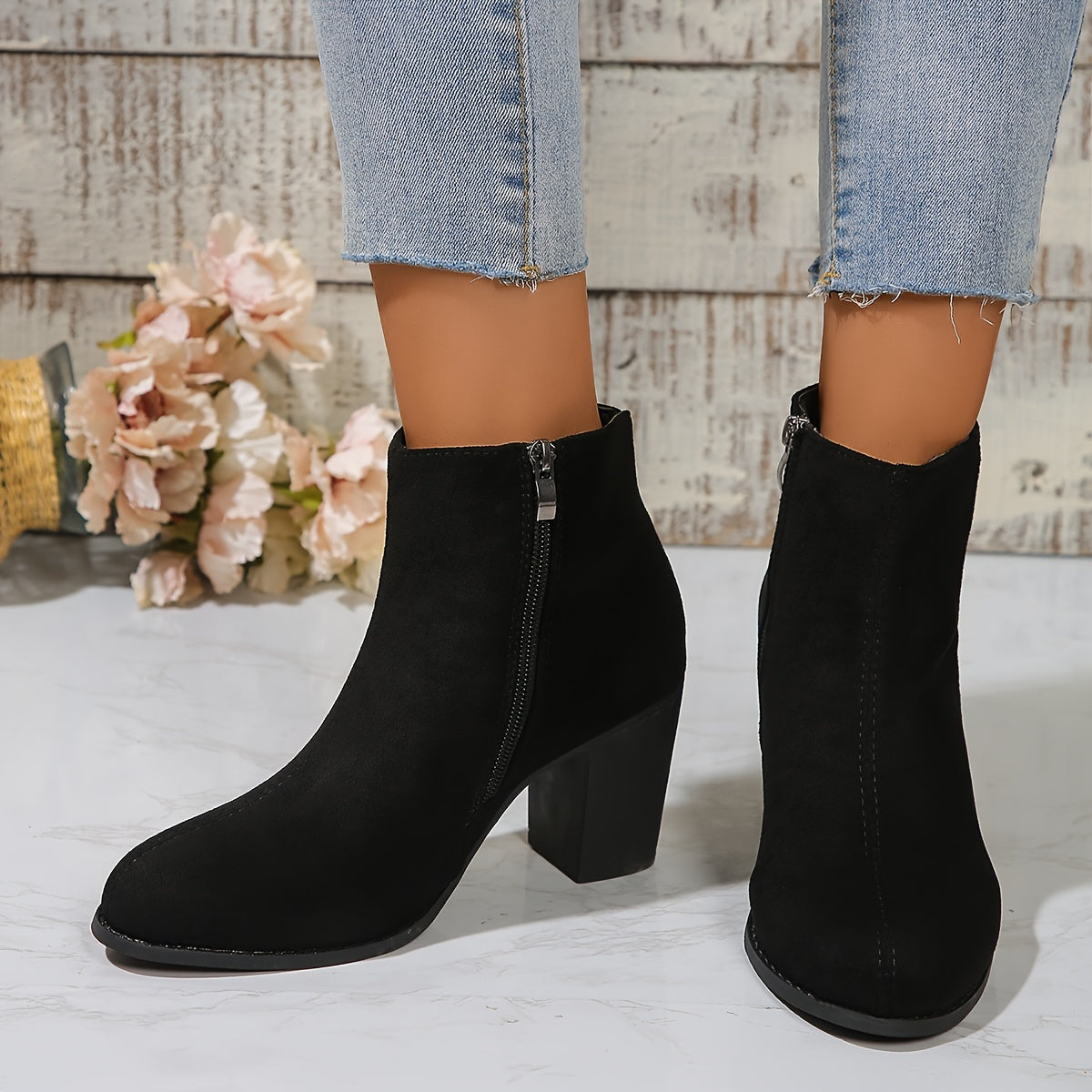 Women's Fabric Ankle Boots Side Zipper Round Toe Block Heel Solid Color