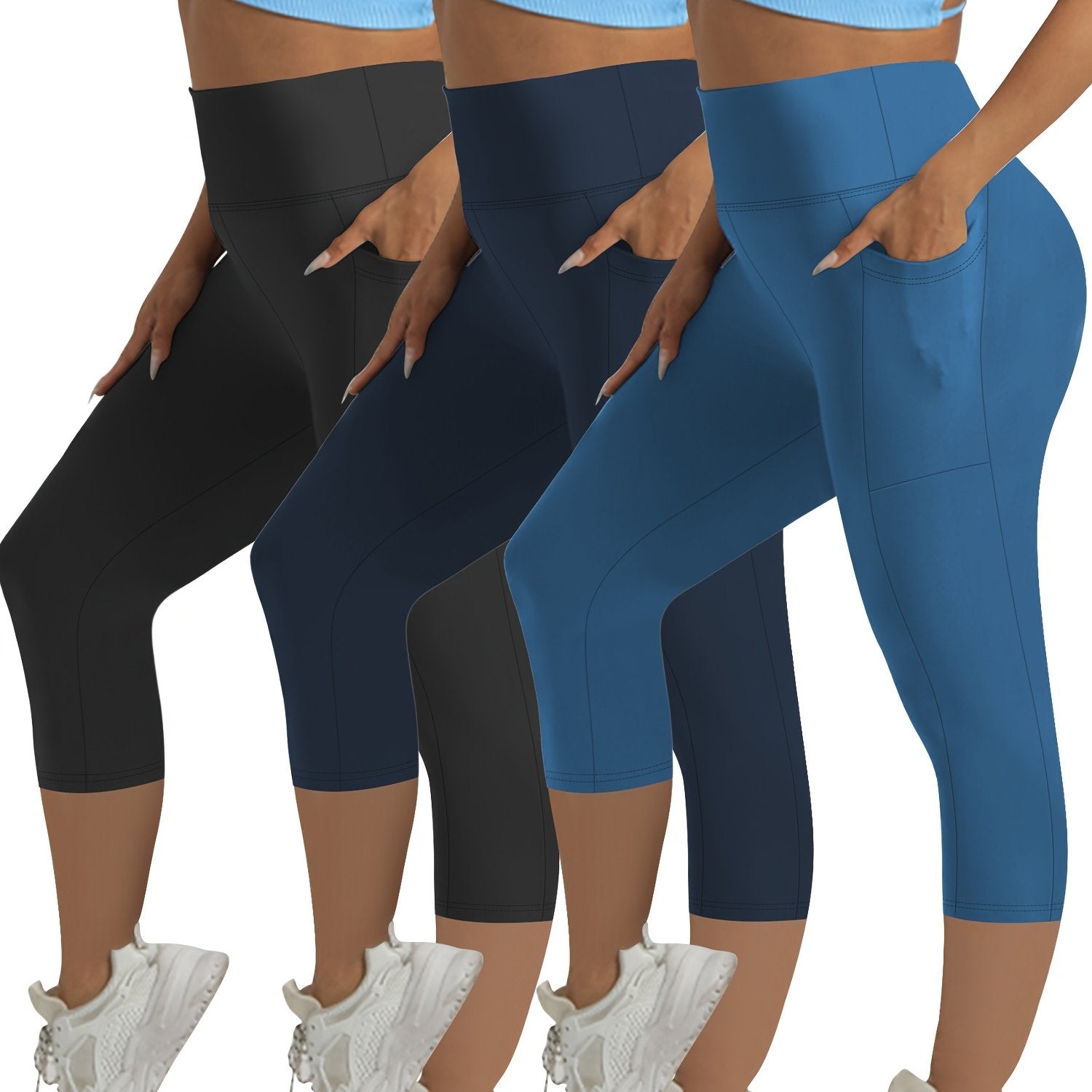 Plus Size Women's High-Waisted Tummy Control Capri Leggings 3-Pack