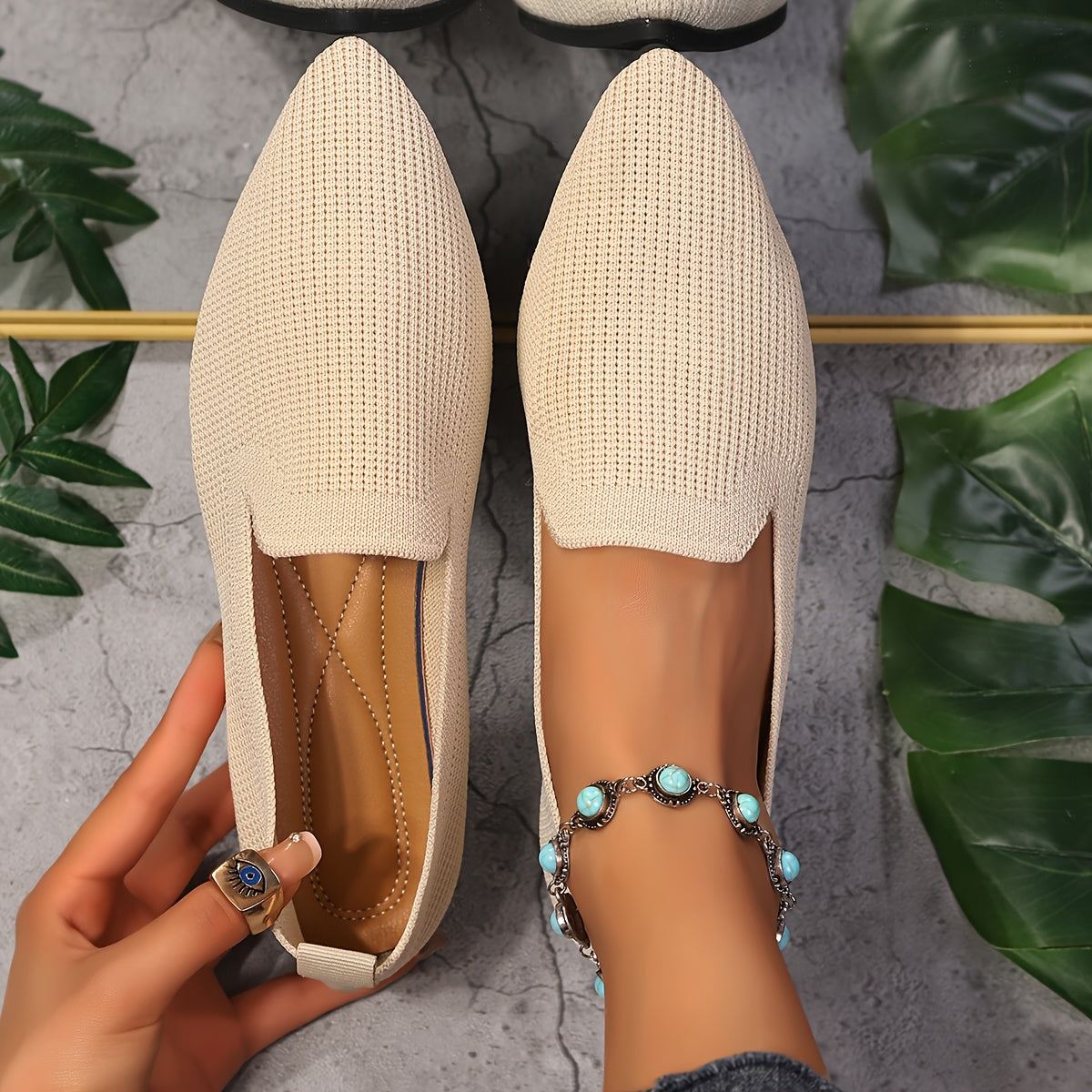 Women’s Slip-On Knit Pointed Toe Shoes Breathable Fabric All-Season Comfort